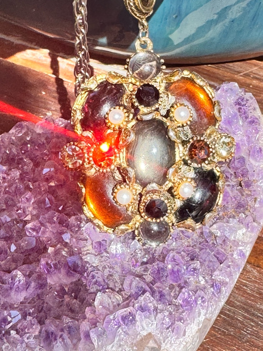Vintage Signed Hollycraft Statement Pendant Gold Tone Cabochon, Rhinestones